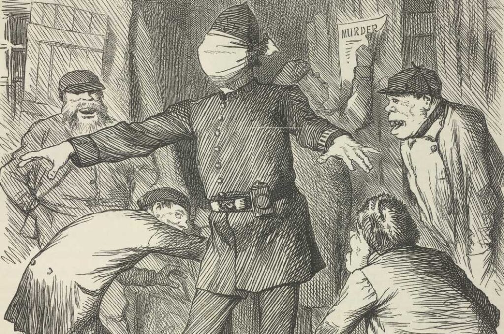 Victorian Punch cartoon mocking police failure to catch Jack the Rippe
