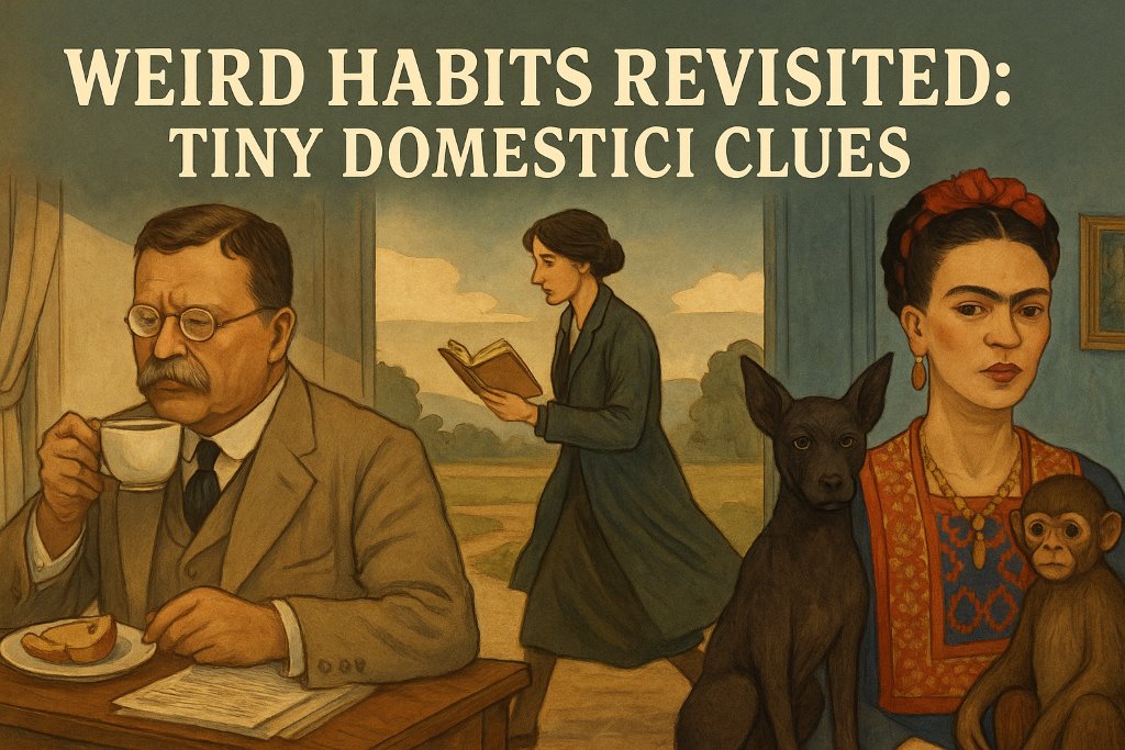 Weird Habits Revisited: Tiny Domestic Clues I wanted one more small table of habits, because homes say what speeches won’t: – Roosevelt’s breakfast often included coffee and fruit served on a small tray as he read cables. Power begins with toast crumbs. – Virginia Woolf walked fast, usually alone, turning scenes into sentences. The pace shows in the prose. You can almost hear the feet. – Frida Kahlo kept a menagerie of dogs, monkeys, and birds at the Blue House. The animals appear in her paintings as if they were relatives. Maybe they were. None of that is scandal. It’s human texture, which is why I like it.